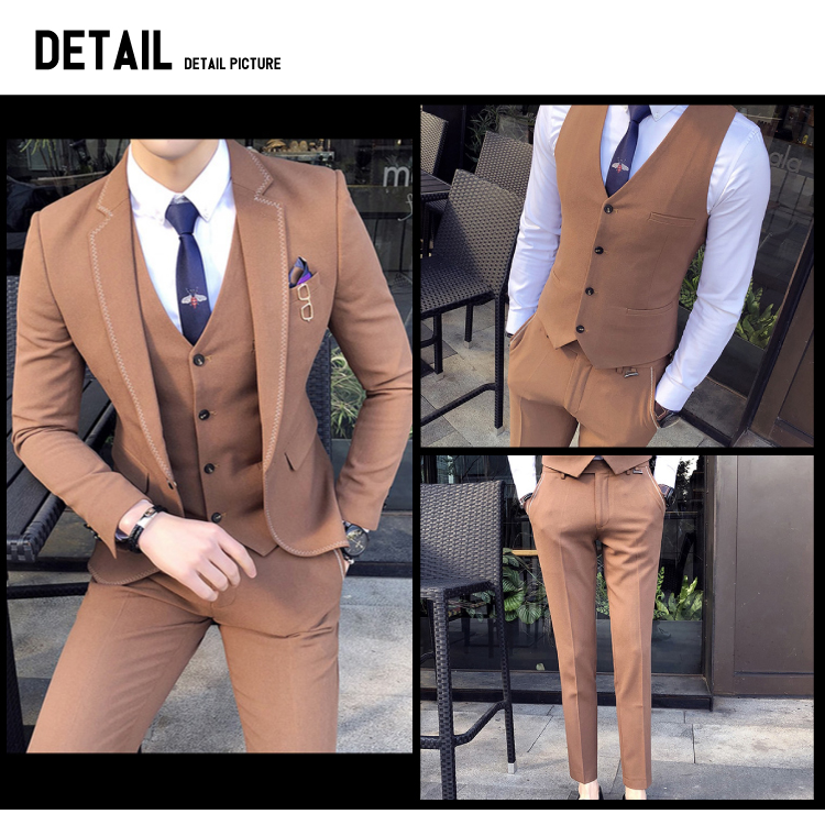 3点メンズスーツセットカーキ色詳細