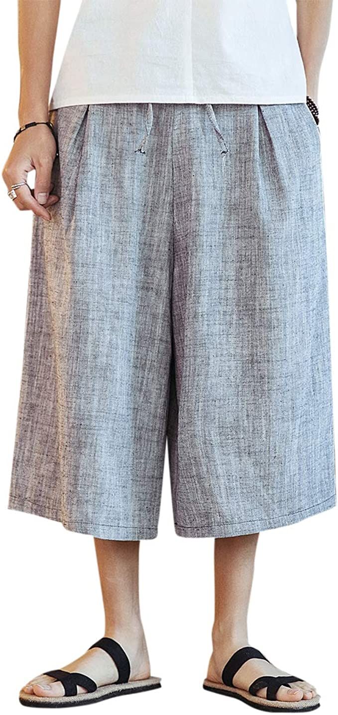 サルエルパンツ 七分丈 メンズ 綿麻 リネン ストライプ柄 ワイドパンツ